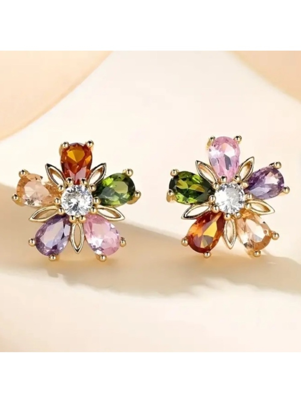 Colorful Multi Gemstone and Diamond Gold Tone Flower Stud Earrings